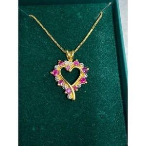 925 Gold Vermeil Pink Red Stone Heart Pendant Necklace 18"